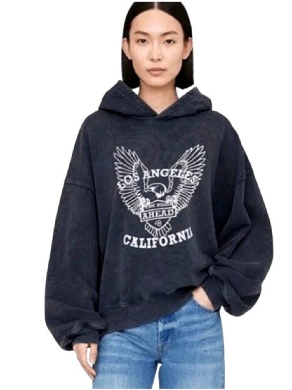 Anine Bing Alec Eagle Hoodie Faded Black Organic Cotton Sweatshirt XS
